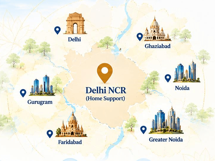 Map of Delhi NCR showing Delhi, Ghaziabad, Noida, Greater Noida, Faridabad and Gurugram