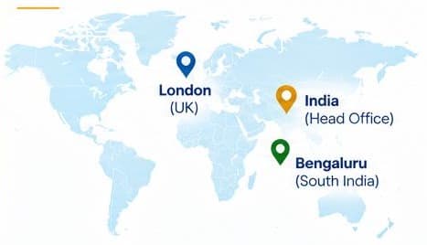World map with offices in London (UK), India (Head Office) and Bengaluru (South India)