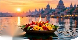 Diya and flowers floating on the river for asthi visarjan