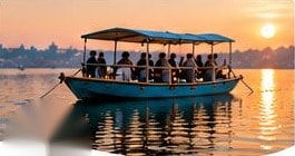 Boat carrying family members on the river at sunset
