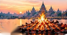 Funeral pyre burning at the ghat at sunset