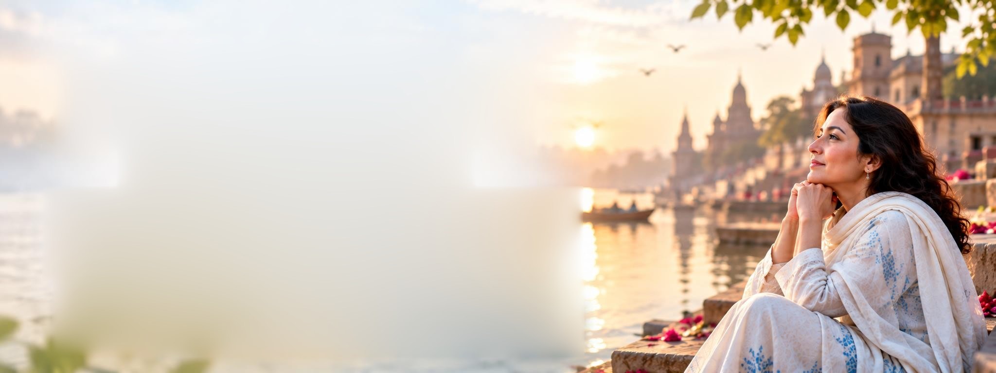 Woman sitting by the river ghats at sunrise, looking hopeful