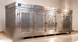 Row of stainless steel mortuary freezer boxes