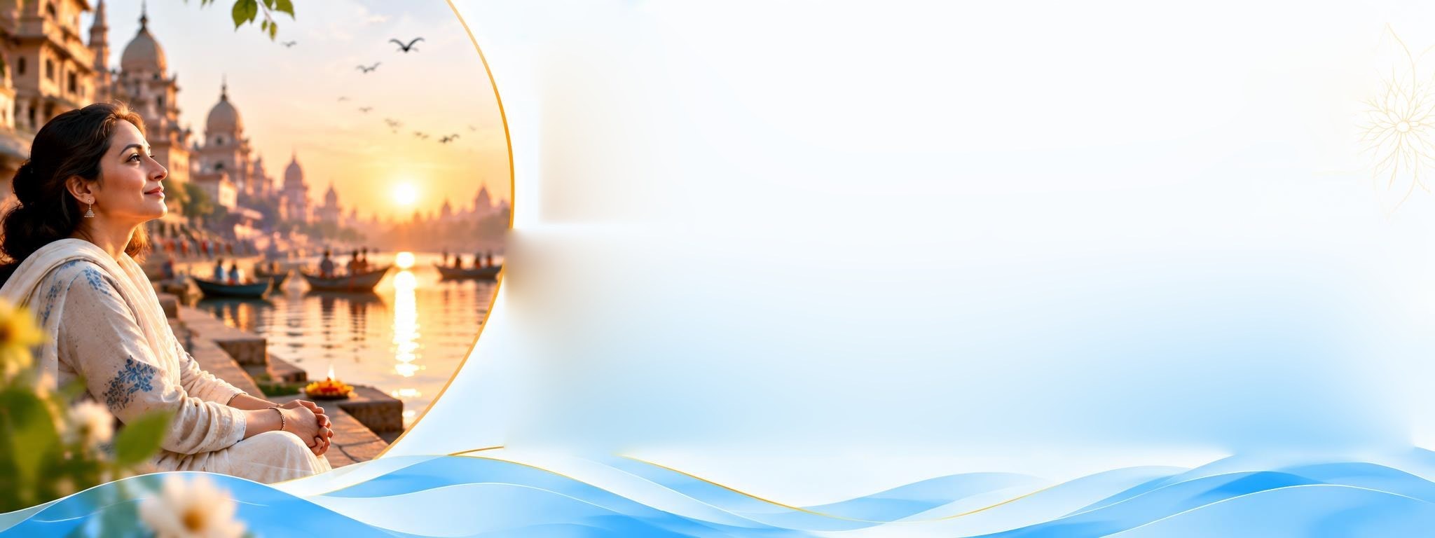 Woman sitting peacefully by the ghats at sunset