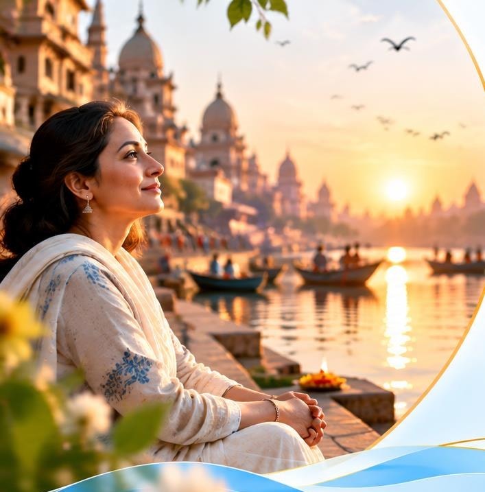 Woman sitting peacefully by the ghats at sunset