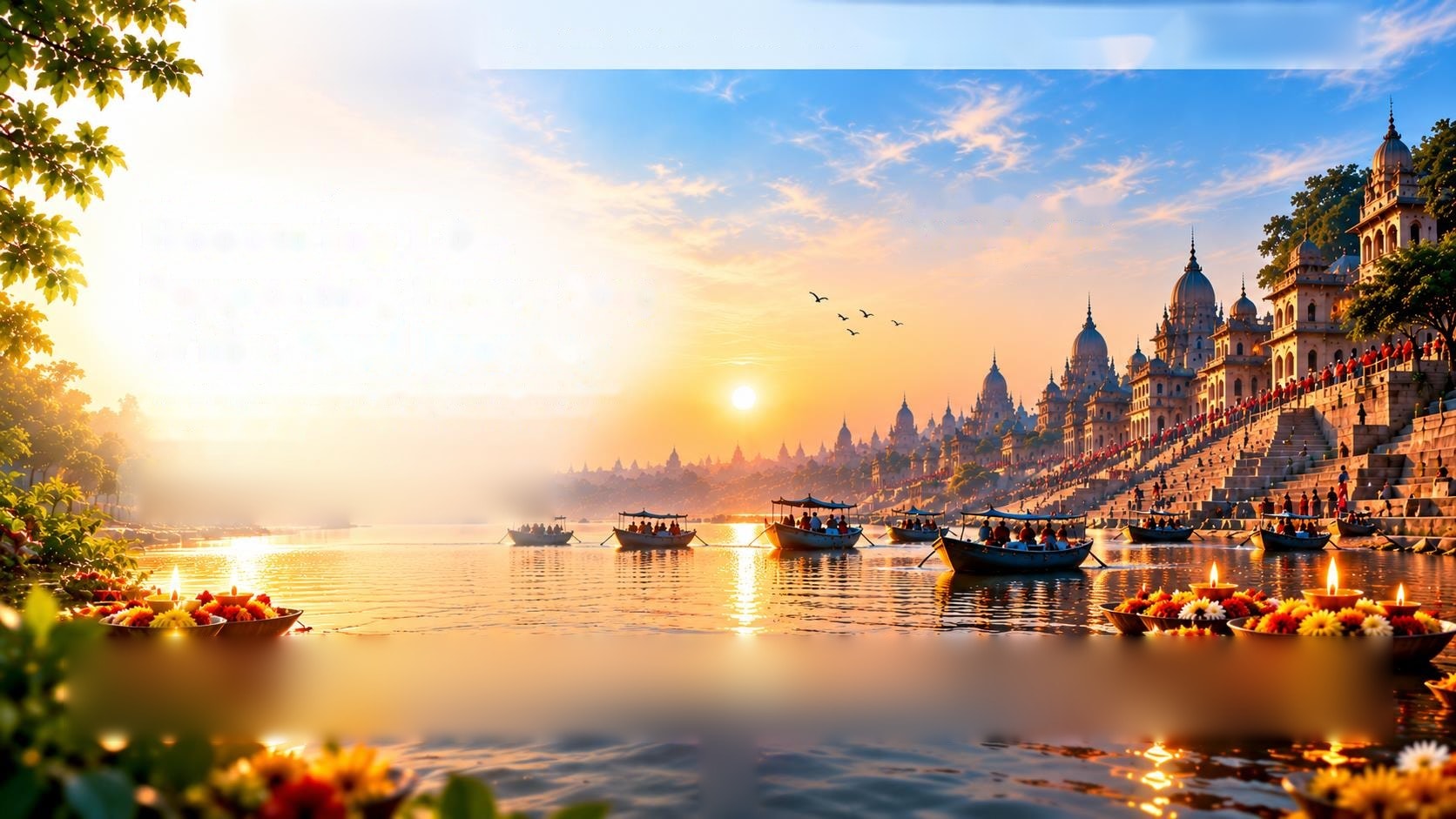 Sunrise over the Varanasi ghats with boats, diyas and flowers on the Ganga