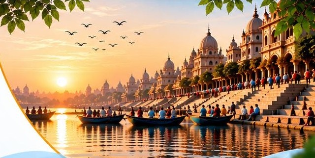 Ghats at sunset with boats on the river