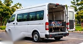 Mortuary van with open rear door and freezer stretcher