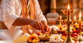 Pandit performing puja with brass diyas and flowers