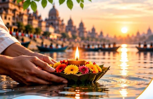 Hands placing a diya with flowers on the river at sunrise
